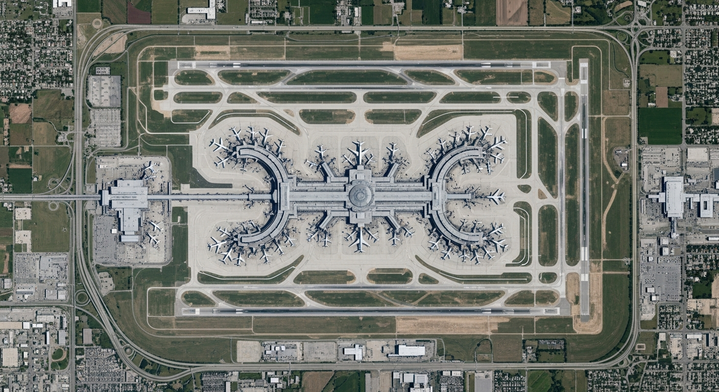 Aerial view of Dallas Fort Worth International Airport showing the semicircular terminal layout and runway system
